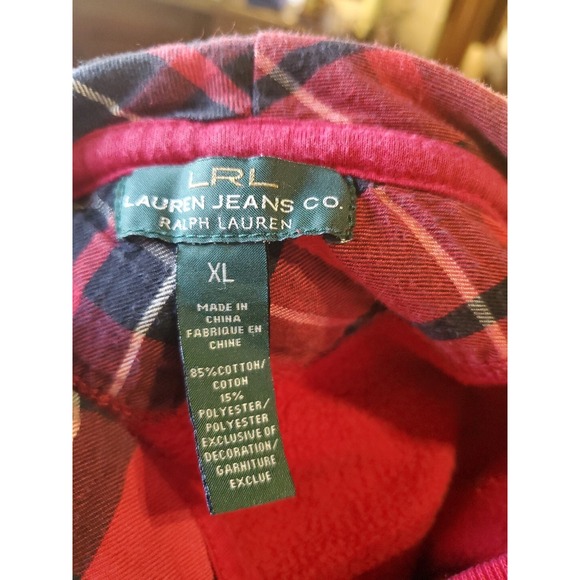 Lauren Jeans Co Ralph Lauren Red Plaid Lined Hoodie Jacket Button Front Women XL - Picture 6 of 10